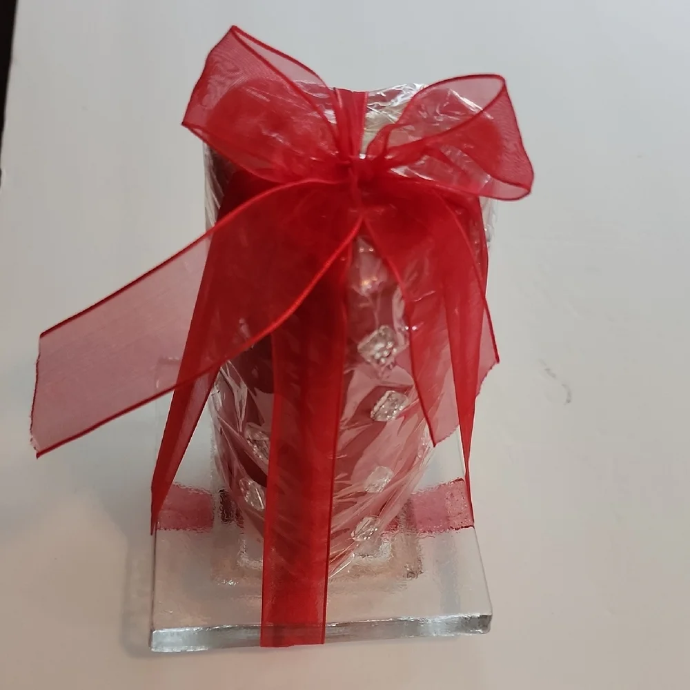 Wire And Crystal Wrapped Heart Shaped Pillar Candle Organza Ribbon Bow